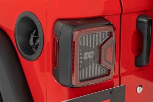 Jeep Wrangler Unlimited LED Tail Light - Rear - Rough Country - Black Housing with C-Shaped Running Light Design - Smoked - '18-'25